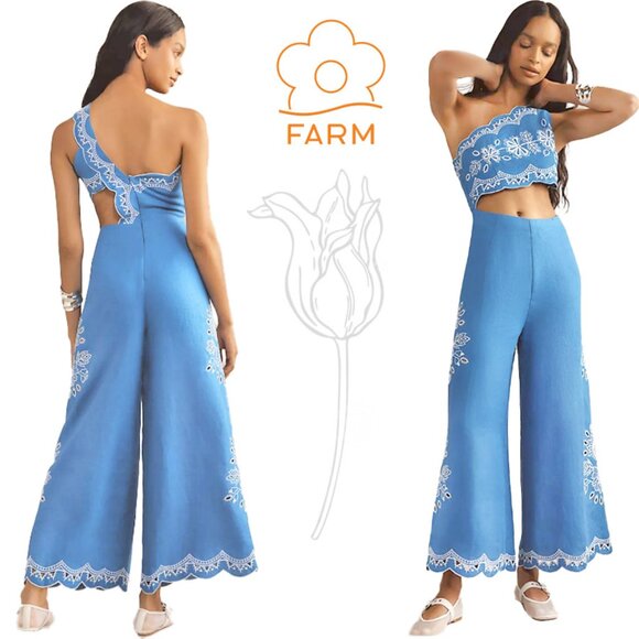 Farm Rio x Anthropologie One-Shoulder Embroidered Linen Jumpsuit NWOT